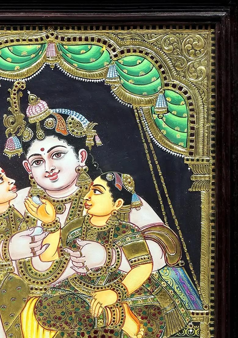 Lord Krishna Swinging With Rukmini And Satyabhama Tanjore Painting