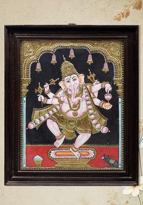 Dancing Lord Ganesha Tanjore Painting 24K Gold