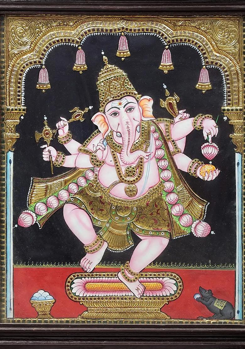 Dancing Lord Ganesha Tanjore Painting 24K Gold