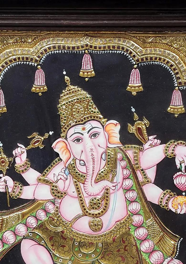Dancing Lord Ganesha Tanjore Painting 24K Gold