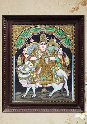Shiva Parvati On Nandi Tanjore Painting