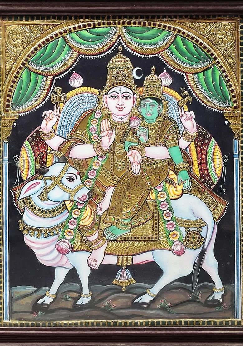 Shiva Parvati On Nandi Tanjore Painting