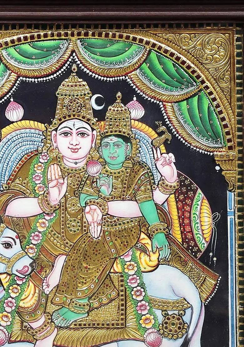 Shiva Parvati On Nandi Tanjore Painting