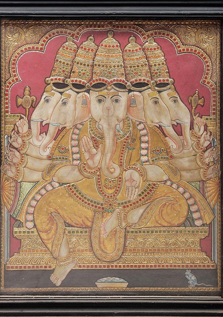 Majestic Panchamukhi Ganesha Tanjore Painting