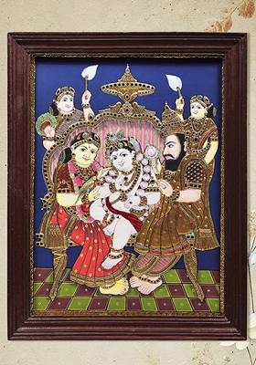 Lord Krishna With Nanda And Yashoda Tanjore Painting