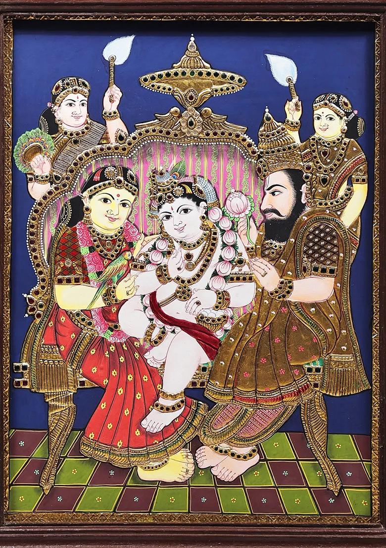 Lord Krishna With Nanda And Yashoda Tanjore Painting