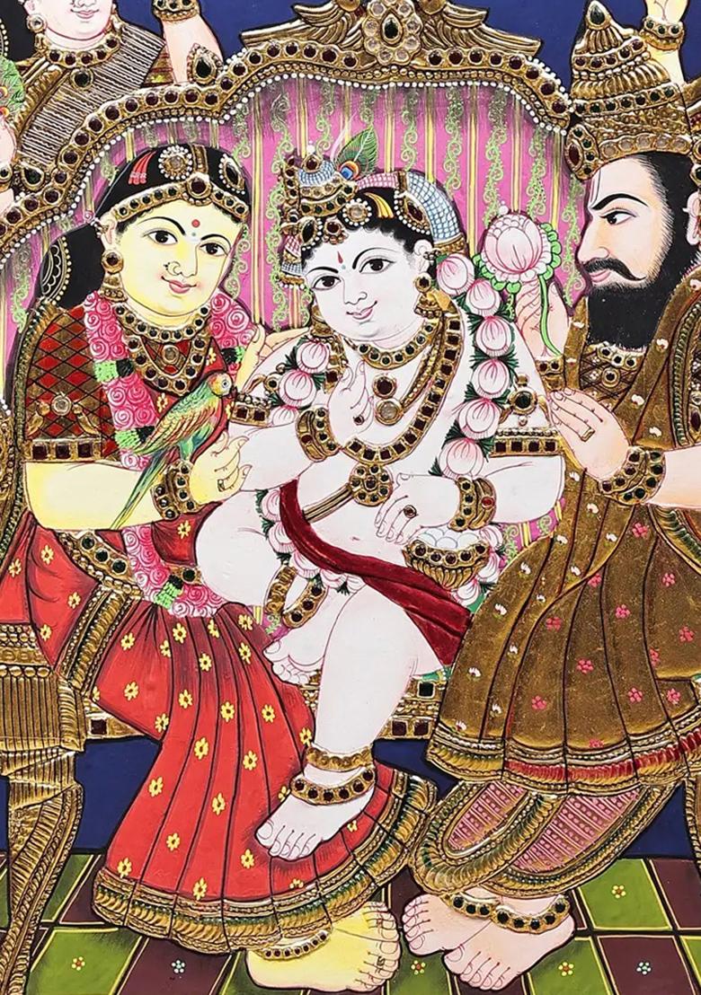 Lord Krishna With Nanda And Yashoda Tanjore Painting