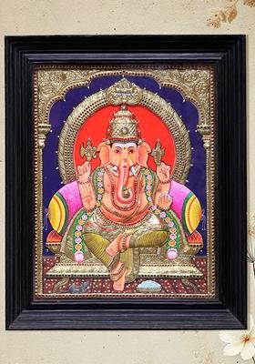 Large Ganesha Seated On Throne Tanjore Painting