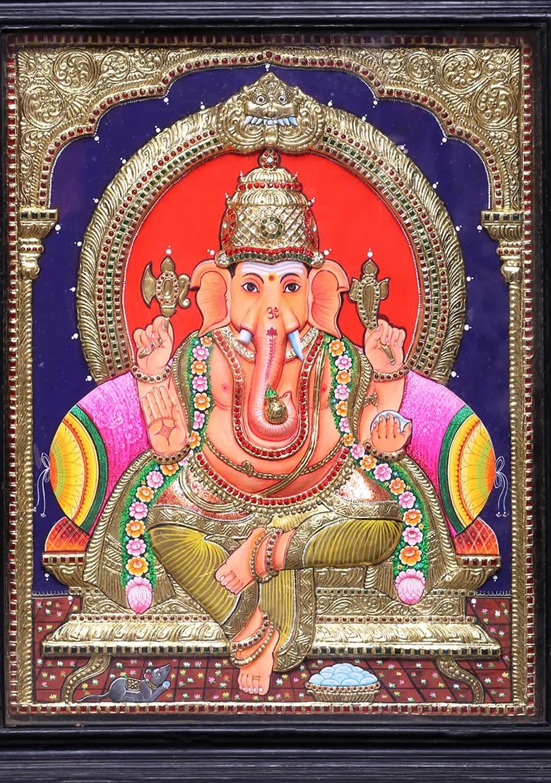 Large Ganesha Seated On Throne Tanjore Painting