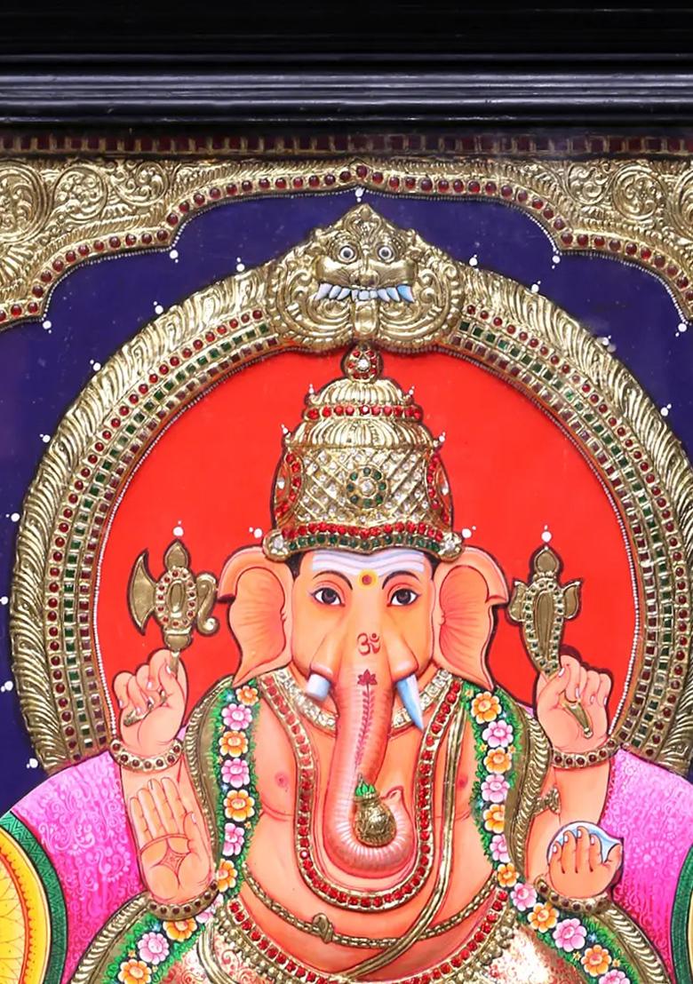 Large Ganesha Seated On Throne Tanjore Painting