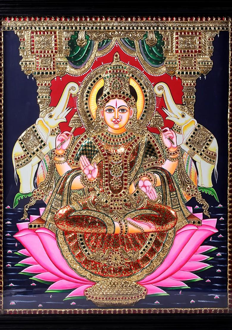 Goddess Lakshmi Seated On Throne Tanjore Painting