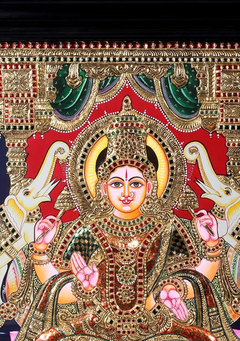 Goddess Lakshmi Seated On Throne Tanjore Painting