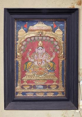 Large Ganesha Seated On Throne Tanjore Painting