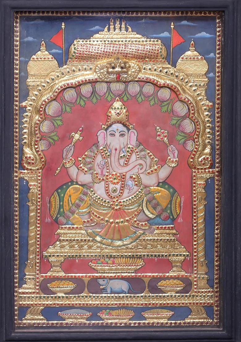 Large Ganesha Seated On Throne Tanjore Painting