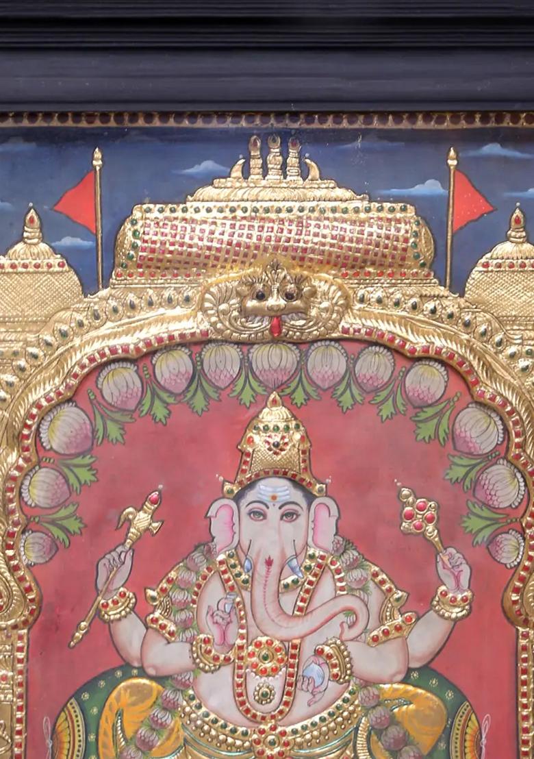 Large Ganesha Seated On Throne Tanjore Painting