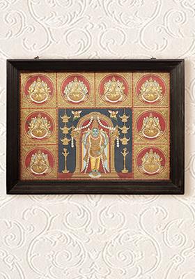 Large Lord Vishnu With Ashtalakshmi Tanjore Painting Artwork With 24K Gold