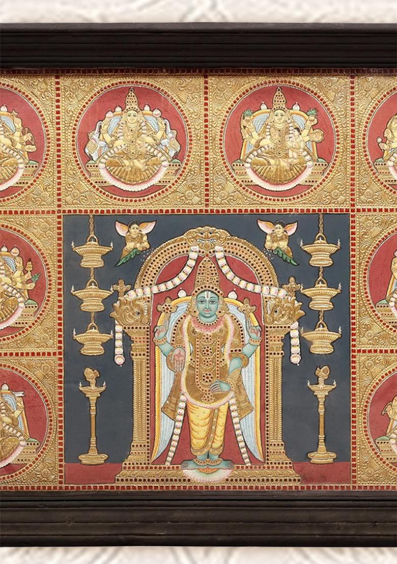 Large Lord Vishnu With Ashtalakshmi Tanjore Painting Artwork With 24K Gold