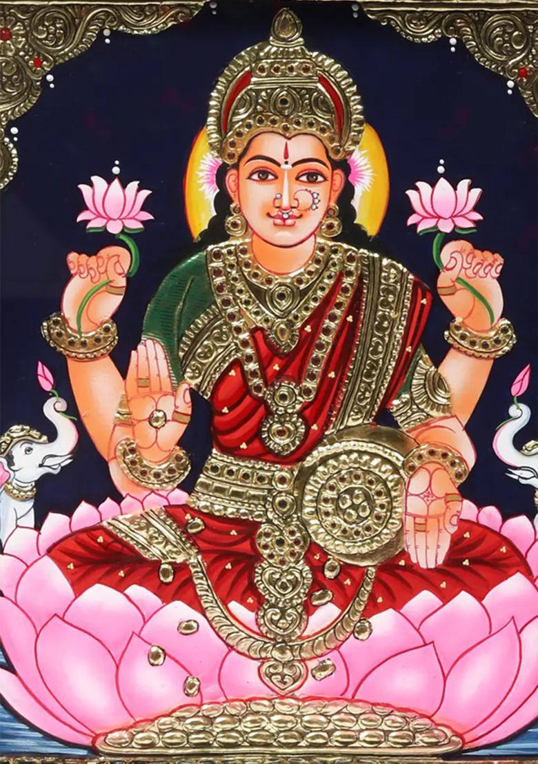 Goddess Lakshmi Seated On Lotus Tanjore Painting