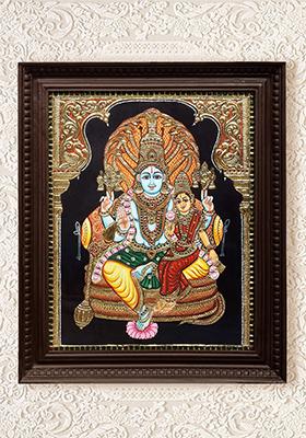 Lord Vishnu Seated On Sheshanaga With Goddess Lakshmi Tanjore Painting