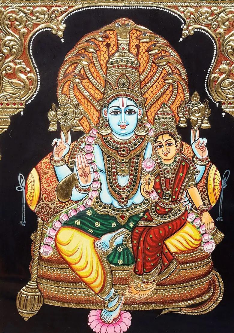 Lord Vishnu Seated On Sheshanaga With Goddess Lakshmi Tanjore Painting