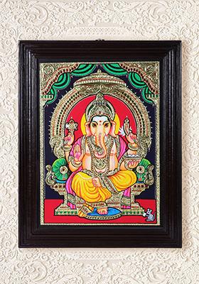 Lord Ganesha Seated On Throne Tanjore Painting