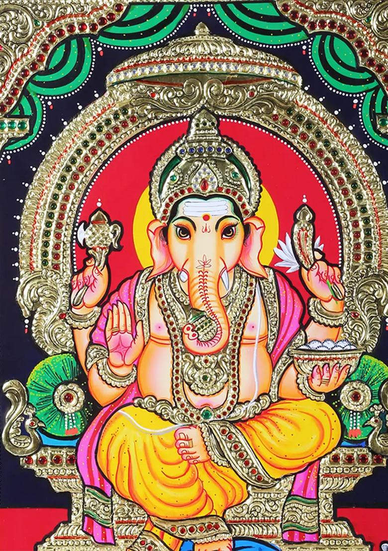 Lord Ganesha Seated On Throne Tanjore Painting