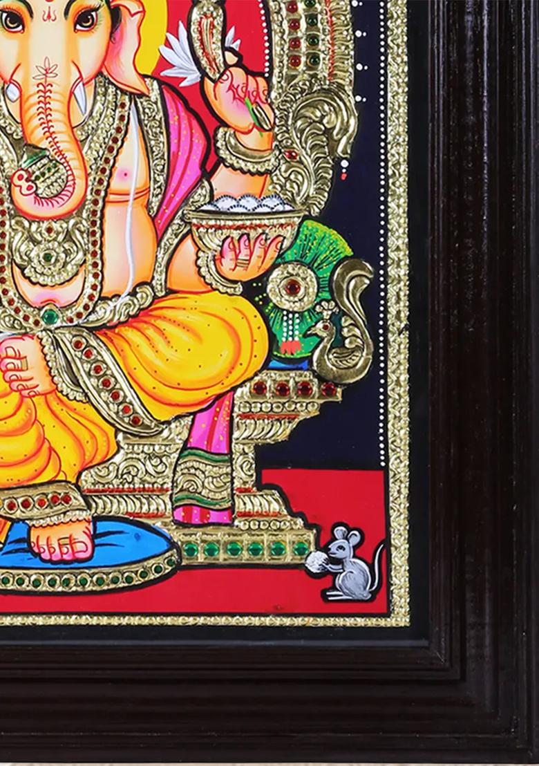 Lord Ganesha Seated On Throne Tanjore Painting