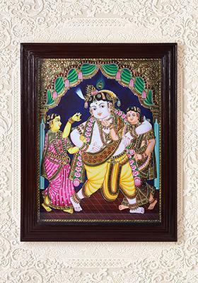 Lord Krishna With Rukmini And Satyabhama Tanjore Painting