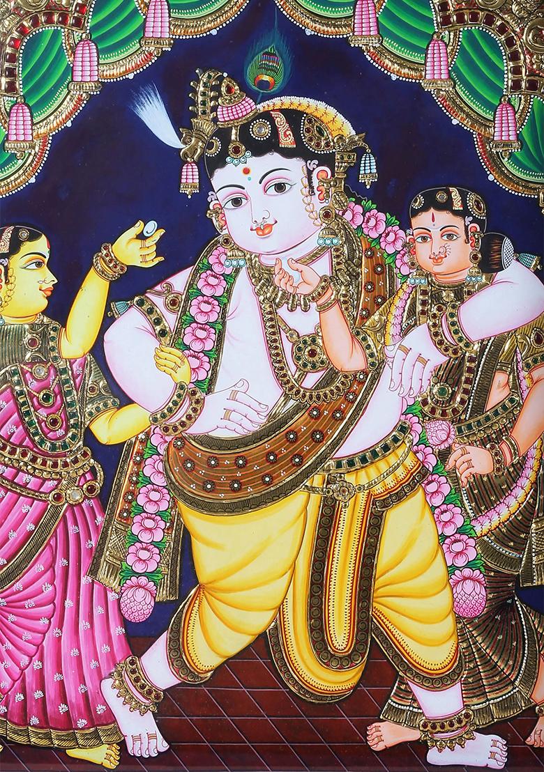 Lord Krishna With Rukmini And Satyabhama Tanjore Painting