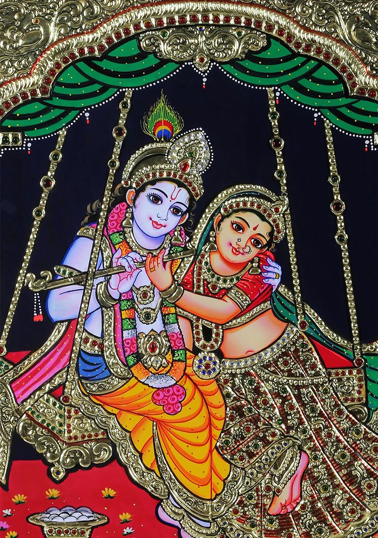 Radha Krishna On Swing Tanjore Painting