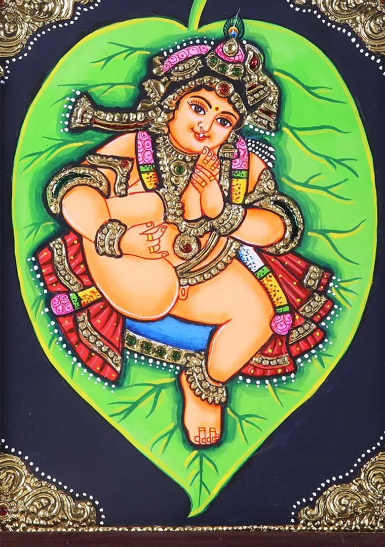 Handcrafted Vatapatrashayi Krishna Tanjore Painting