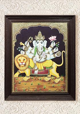 Ganesha Seated On Lion Tanjore Painting