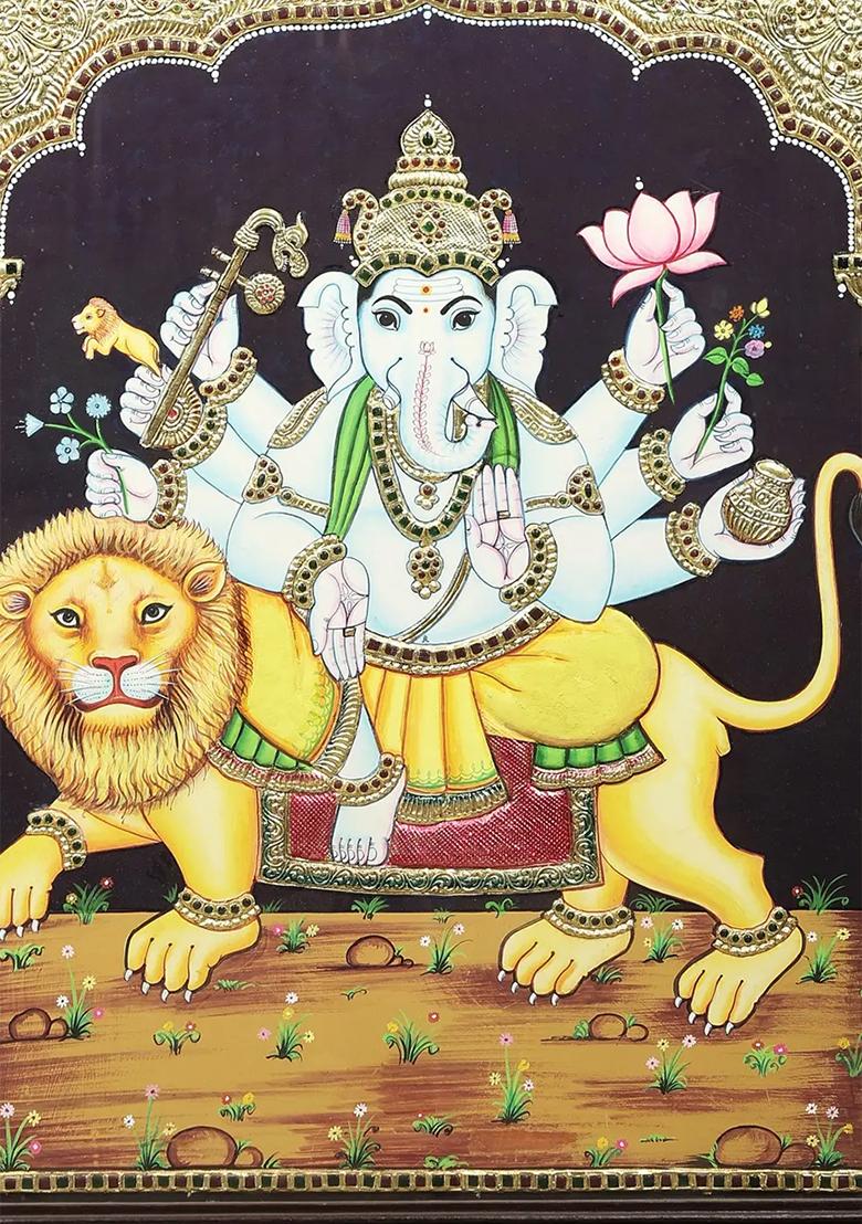 Ganesha Seated On Lion Tanjore Painting
