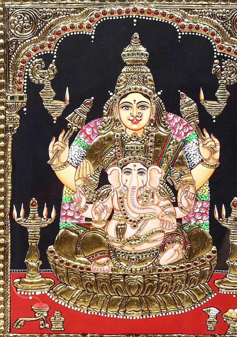 Maa Parvati With Ganesha Tanjore Painting