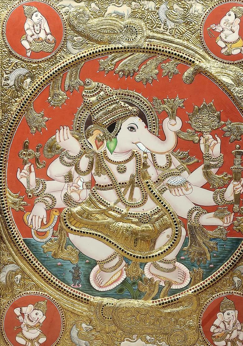 Majestic Large Dancing Ganesha Tanjore Painting