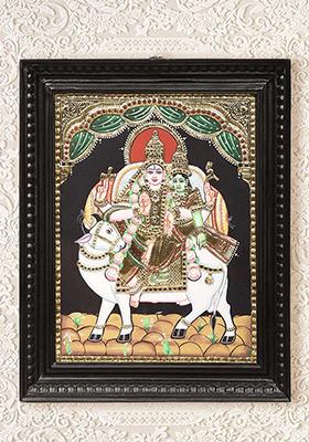Shiva Parvati Seated On Nandi Tanjore Painting
