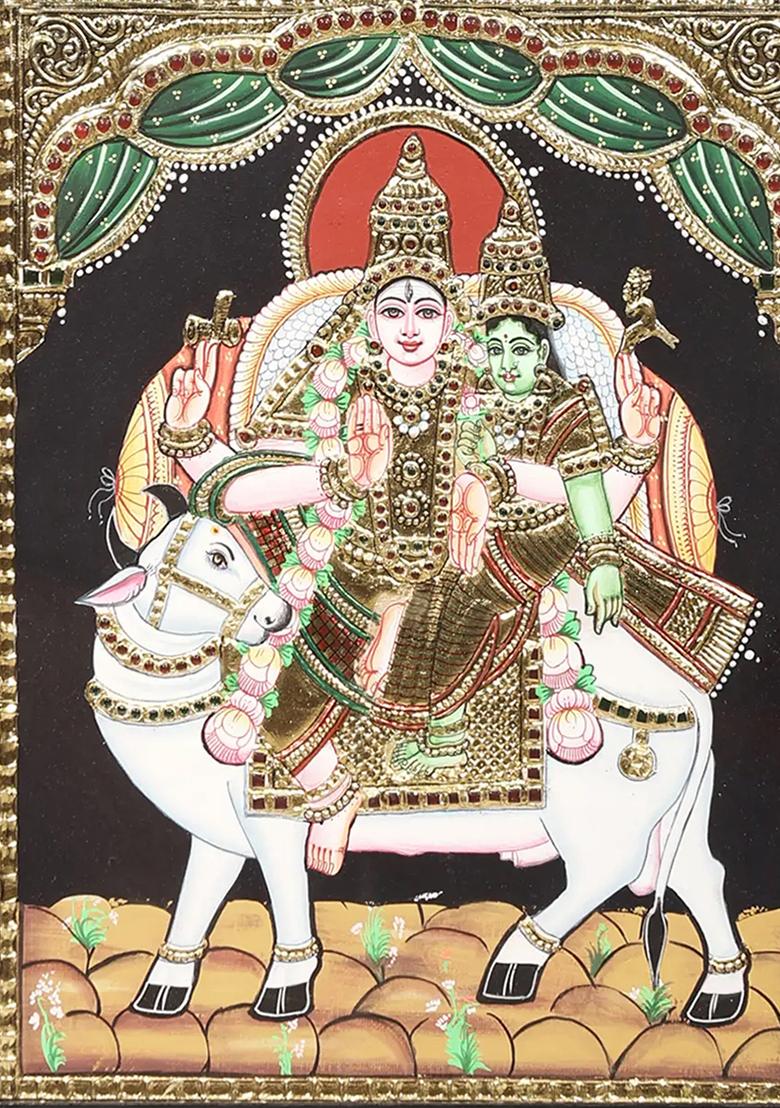 Shiva Parvati Seated On Nandi Tanjore Painting