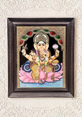Lord Ganesha Seated On Lotus Tanjore Painting 24K Gold