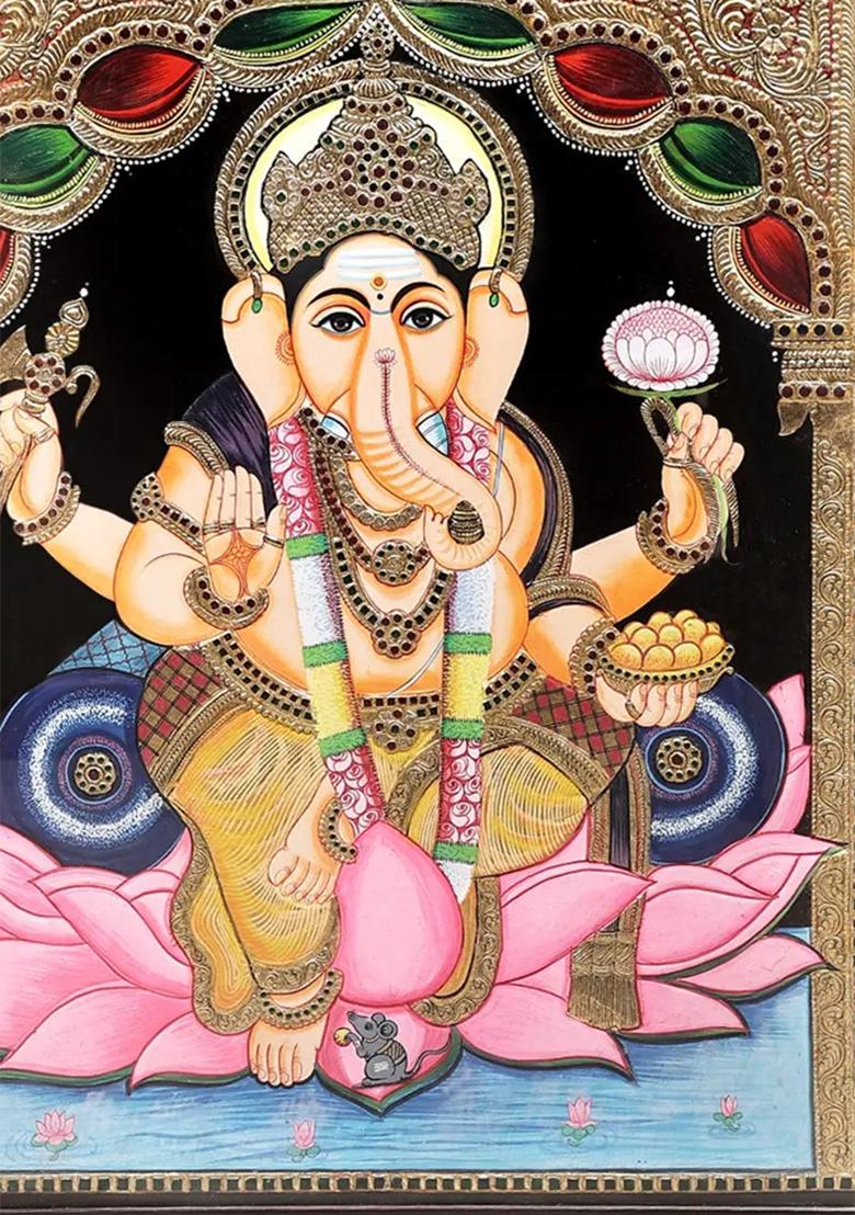 Lord Ganesha Seated On Lotus Tanjore Painting 24K Gold