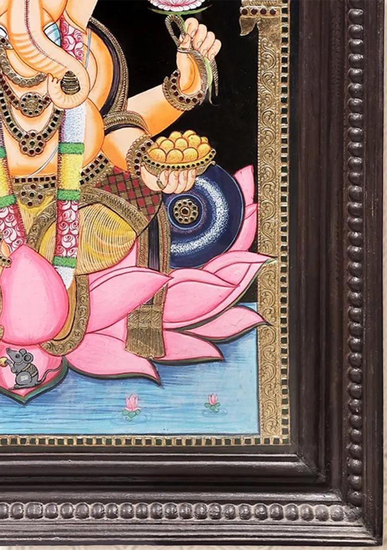 Lord Ganesha Seated On Lotus Tanjore Painting 24K Gold