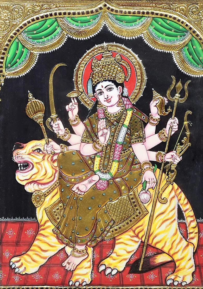 Ashtabhuja Goddess Durga Tanjore Painting 24K Gold