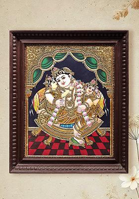 Lord Krishna With Rukmini And Satyabhama Tanjore Painting 24K Gold