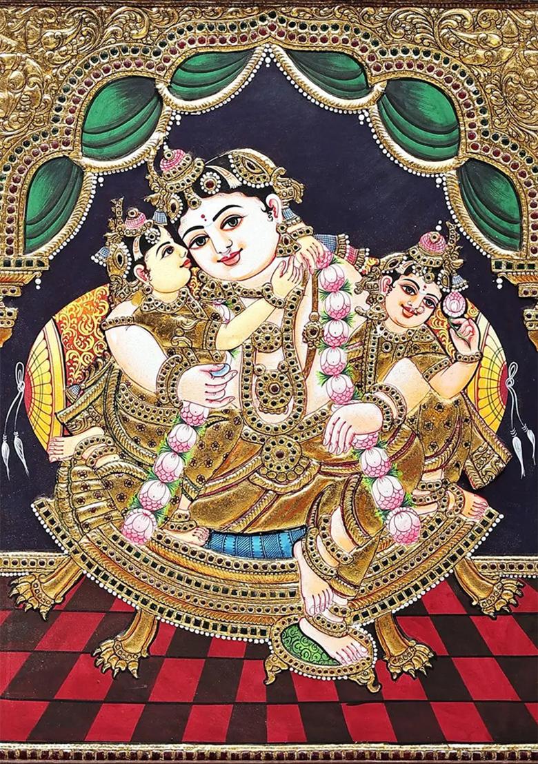 Lord Krishna With Rukmini And Satyabhama Tanjore Painting 24K Gold