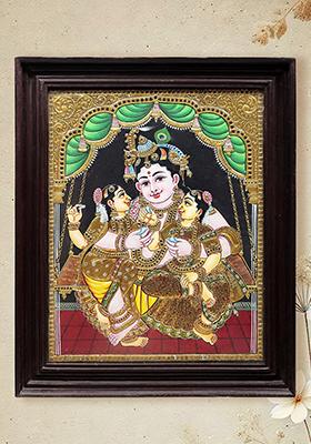 Lord Krishna With Rukmini And Satyabhama Tanjore Painting 24K Gold