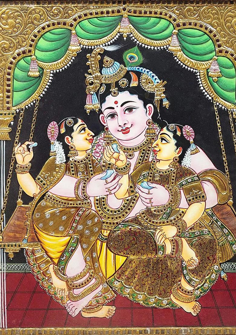 Lord Krishna With Rukmini And Satyabhama Tanjore Painting 24K Gold