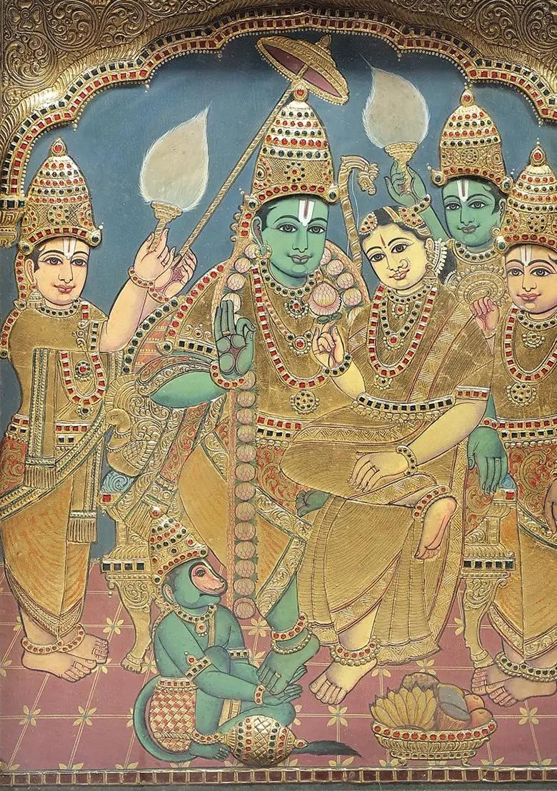 Exquisite Tanjore Painting Of Lord Rama Sita Lakshmana And Hanuman 24K Gold