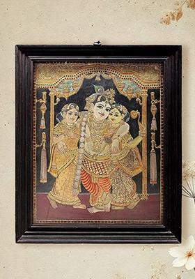 Lord Krishna With Rukmini Satyabhama Tanjore Painting 24K Gold