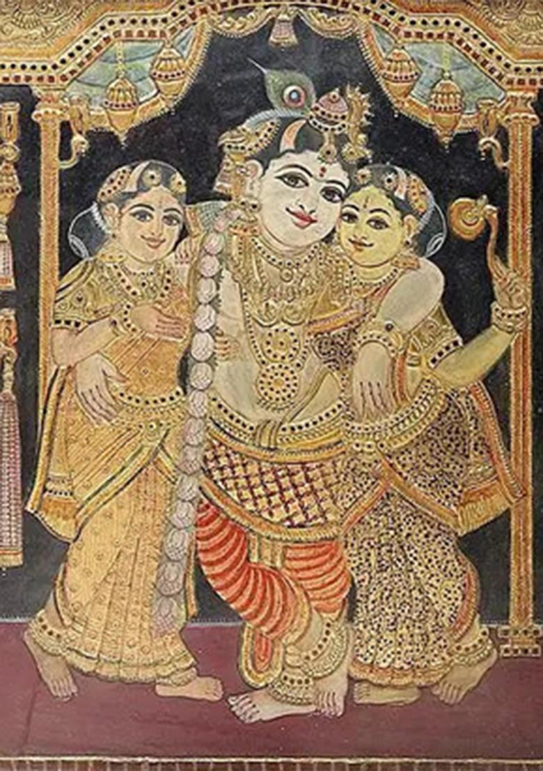 Lord Krishna With Rukmini Satyabhama Tanjore Painting 24K Gold