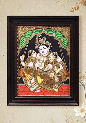 Lord Krishna With Rukmini Satyabhama Tanjore Painting