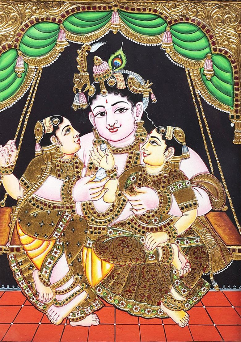 Lord Krishna With Rukmini Satyabhama Tanjore Painting